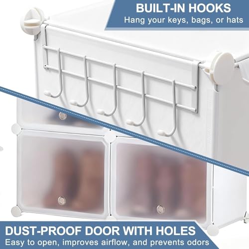 Image of DUMOS 6-Tier Shoe Storage Cabinet with Door, Stackable, 24 Pairs, White | Dust-proof door with airflow holes, fits closets, entryways, hallways & bedrooms, waterproof PP panels, side hooks included