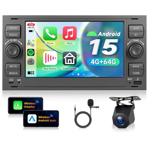 VECHTEL 4G+64G Autoradio Android 15 pour Ford Focus Fiesta C/S-Max Transit Galaxy Mondeo Connect, 7'' Écran Tactile avec CarPlay Android Auto sans Fil GPS Wi-FI USB...