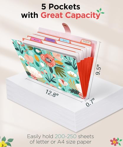 Sooez File Folders Organizer, Folders with 5 Pockets, Folders for Documents w/Sticker, Accordion File Organizer, Paper Receipt Bill Filing Organizer, School College Office Travel Essentials Supplies