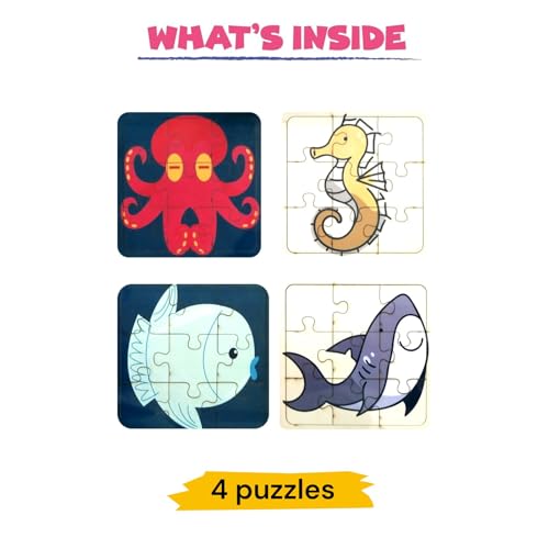 Image of Set of 4 Wooden Jigsaw Puzzles for Toddlers 2+ | 9 Chunky Pieces Each | Ocean Animals Theme | Educational Toy for Fine Motor Skills & Cognitive Development | Safe & Durable Game