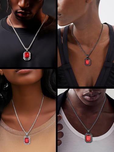 ChainsHouse Viking Rune Pendant Necklace for Men Women, Punk Biker Black Metal/316L Stainless Steel Onyx Norse Vintage Amulet Necklaces with Black/Red/Green/Blue Gemstone, Send Gift Box2