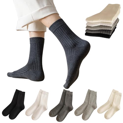 5 Pairs Men's Dress Cotton Business & Casual Socks,Moisture Wicking Soft Breathable Athletic Long Crew Socks for Sport Traveling