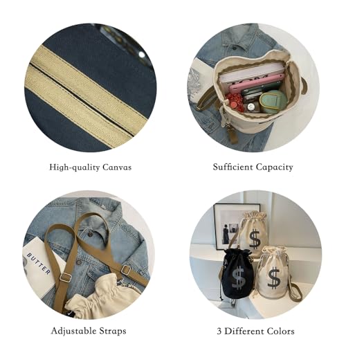 Canvas Drawstring Backpack with Coin pouch, Large Money Dollar Sign Bucket Rucksack, Lightweight Sport Bags (Off White)3