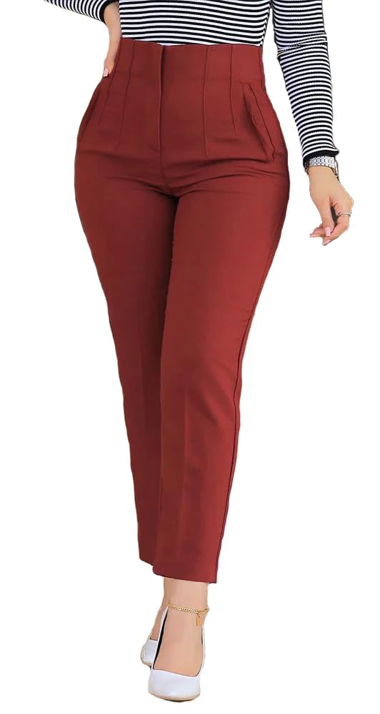 Womens Straight Leg Pants 2025 High Waisted Stretchy Business Casual Work Pants Dress Office Trousers with Pockets Wine