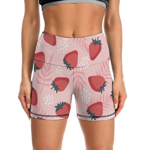 JYYAU Strawberries and Green Leaves Pattern High Waist Yoga Shorts for Women Athletic Shorts Leggings Running Pants