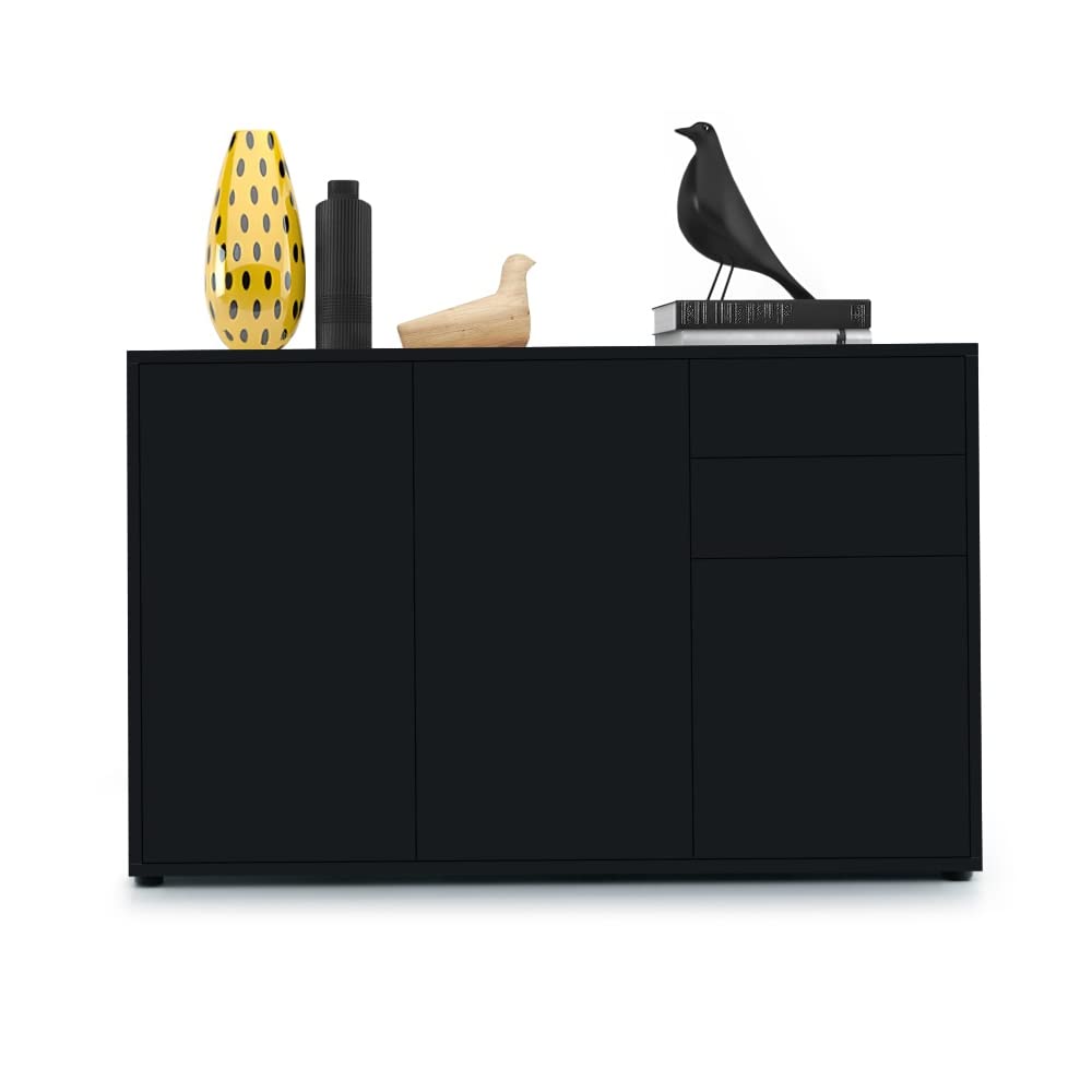 Vladon Sideboard Ben V3, Kommode mit 3 Türen und 2 Schubladen, Schwarz matt/Schwarz matt (117 x 74 x 36 cm)