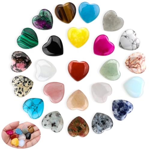 24 Pcs Healing Crystals, Heart Shaped Crystals and Gemstones Set, Reiki Chakra Energy Balance Crystal Set, Polished Pocket Stones in Spiritual Healing Meditation for Yoga Beginners