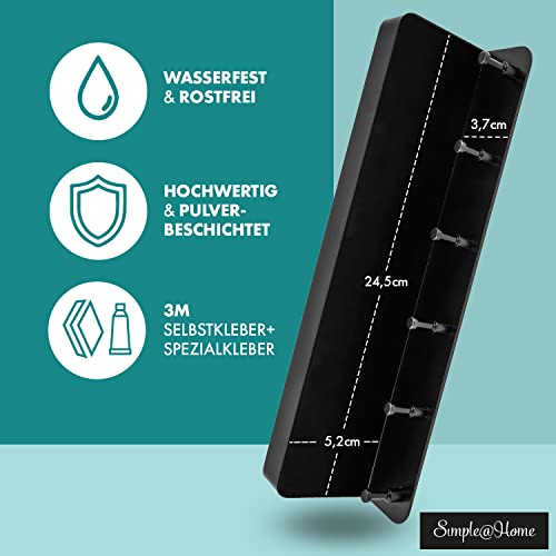 Simple@Home® Premium Schlüsselbrett mit Ablage ohne Bohren aus Edelstahl | Schlüsselboard selbstklebend mit 3M Klebestreifen | Schlüsselbrett schwarz matt | Schlüsselbrett modern mit Wandablage