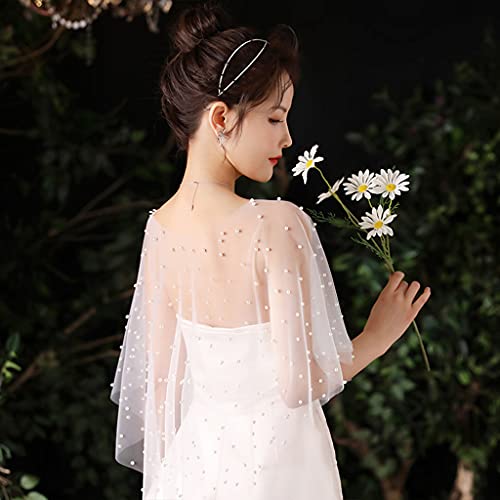 Woman Pearls Embellishment Sheer Wrap Tulle Shawl For Wedding Churches Mantilla Sheer Shawl Wrap Bridal Shrug Coverup3