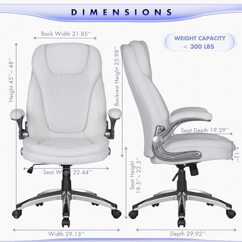 Image of COLAMY Executive Office Chair-Ergonomic Computer Desk Chair, High Back Leather Chair with Padded Flip-up Arms, Swivel Home Office Chair Upgraded Caster, White