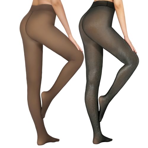 Image of X-CHENG 2 Pairs Fleece Lined Tights Thermal for Women-High Waisted Opaque Black Leggings Thick Warm Winter Tights