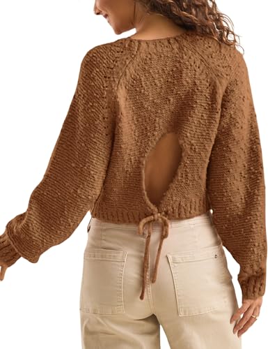 Image of InterNos Women's Open Tie Back Pullover Sweater Popcorn Crew Neck Backless Bow Tie Knitted Crop Tops
