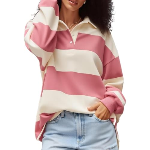 Novlewign - Novlewign Polo rayé à manches longues pour femme Col surdimensionné Y2k Pull T-shirt décontracté Couleurs contrastées Rugby Sweatshirts, rose, Taille M