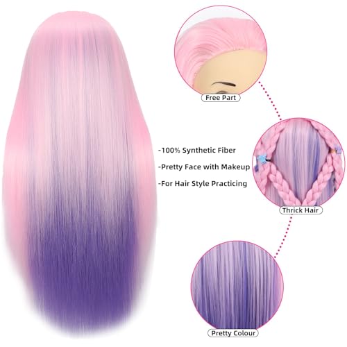Mannequin Head with 26 inch Long Synthetic Fiber Colorful Hair Styling Training Head Manikin Cosmetology Doll Head Hairdressing Training Model for Cutting Braiding Practice and Free Clamp Holder