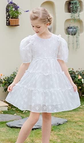 Smiling Pinker Girls Princess Party Dress Tiered Flower Puff Sleeve Ruffle Babydoll A-Line Organza Dress Bow(White,4-5 Years) #TOP2