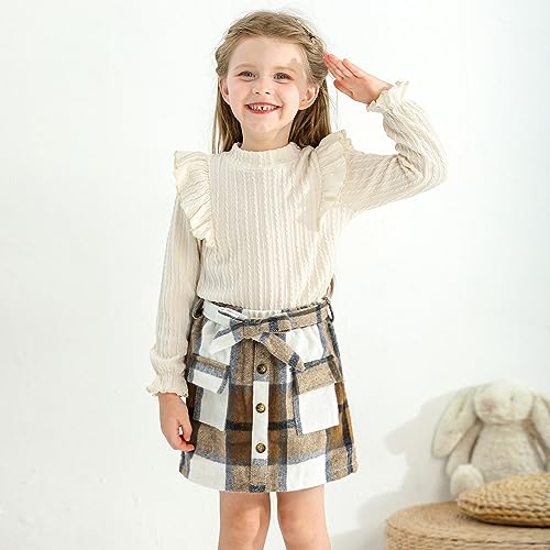Image of Weixinbuy Toddler Girl Fall Winter Clothes Solid Long Sleeve Ribbed T-Shirt Knit Tops Plaid Button Mini Skirts Set Outfits