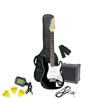 Black electric guitar with 10W amplifier With wrapped nickel string set, shoulder strap and case Equipped with 3 picks, tuner and jack cord Guitar made of wood