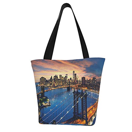 New York City Sunset Manhattan Skyline Canvas Tote Bag Large Women Casual Shoulder Bag Handbag, Reusable Multipurpose Heavy Duty Shopping Grocery Cotton Bag For Outdoors.