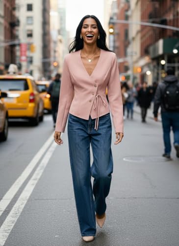 Image of Women's Cotton Tops | Casual Wrap V Neck Top | Long Sleeve Textured Side Tie Shirt | Elegant Slim Fit Crossover Tunic | Stylish Office Wear & Trendy Streetwear Apparel(38-K-1-4)