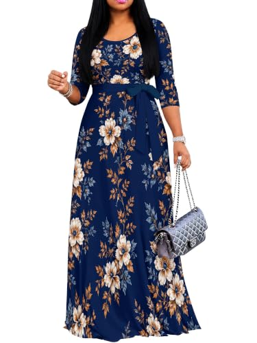 Image of PinkPatty Women's Plus Size Maxi Dresses Casual Flowy 3 /4 Sleeves Dress Printed Vacation Dress for Daily Wear with Belt