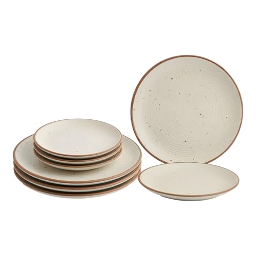 Image of miah decor Ceramic Dinner Set - 8-Piece Handmade Stoneware Dining Set | 4 Quarter Plates & 4 Dinner Plates | Off White Ribbed Matte Finish | Microwave & Dishwasher Safe | Ideal for Gifting