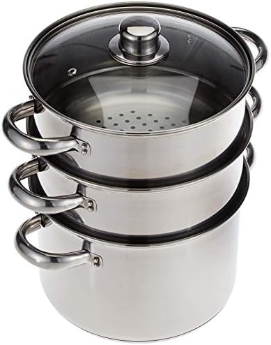KitchenCraft 3 Food Steamer Pan/Stock Pot, Food Steamer 3 tier, Induction Safe, Stainless Steel, in Gift Box, 16 cm (6''), Silver