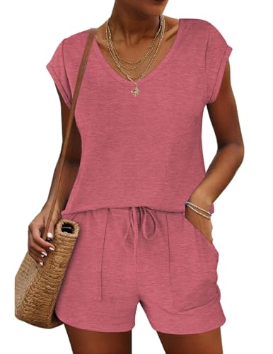 Image of Ekouaer Womens Pajama Sets 2 Piece Lounge Sets Comfy Short Sleeve Tops and Shorts Cute Pjs Outfits Set S-XXL