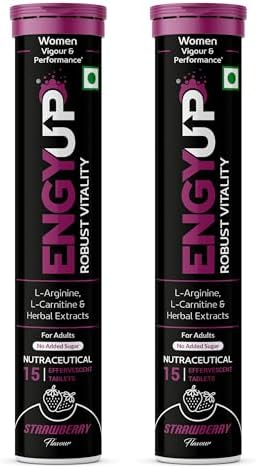 ENGYUP Robust Vitality Booster for Woman | Boost Energy & Stamina | Ashwagandha, Safed Musli, Ginseng, Gokharu, Shatavari, Fenugreek, Arginine, Carnitine | 30 Effervescent Tablets | Strawberry Flavor