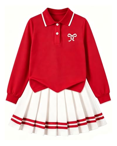 Image of Betusline Girls Long Sleeve Polo Skirt Set Kids Preppy Uniform Outfit,4-14Y