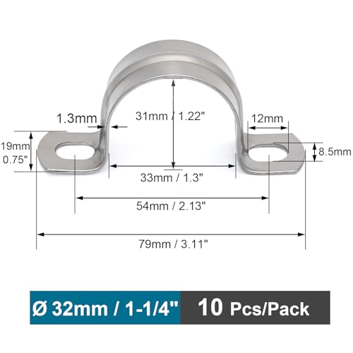 Heavy Duty Pipe Clamps 1-1/4" FamlTol U Pipe Brackets 304 Stainless Steel Tube clamp Rigid Pipe Strap for Pipes and Cables | 32 mm | 10 pcs - Image 2