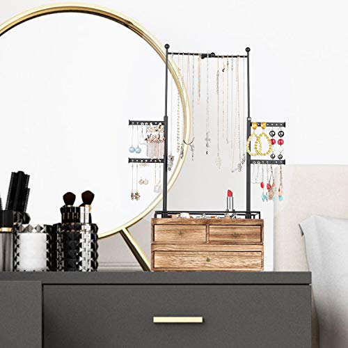 Jewelry Organizer - 2 Layer Wooden Jewelry Drawer Storage Box With 6 Tier Jewelry Tree Stand, Jewelry Display For Necklaces Bracelet Earring Ring (Carbonized Black) #TOP7