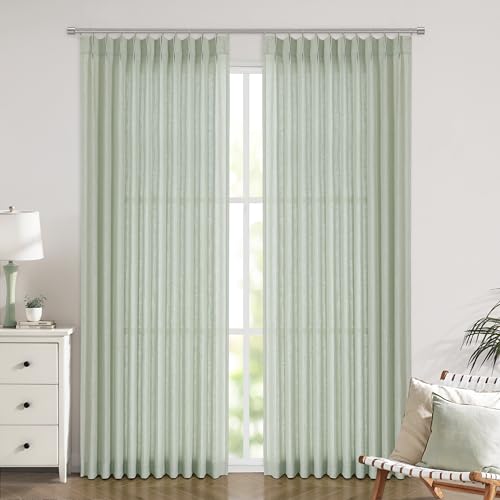 Image of Vision Home Soft Green Pinch Pleated Semi Sheer Curtains Textured Linen Blended Light Filtering Window Curtains 102 inch for Living Room Bedroom Patio Pinch Pleat Drapes with Hooks 1 Panel 60 inchWx102 inchL
