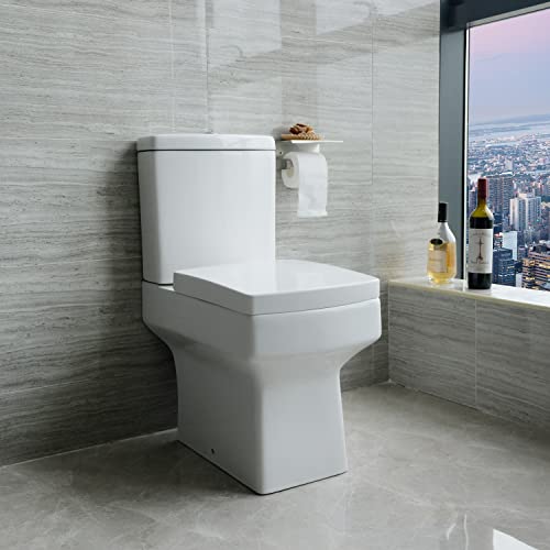Acezanble Bathroom Square White Ceramic Modern Toilet Close Coupled Pan Soft Close Seat WC - 3