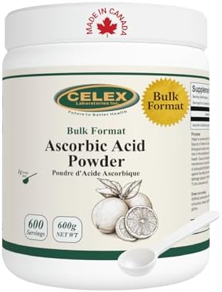 CELEX Ascorbic Acid Powder 600g with 600 Servings | Made in Canada | 100% Pure Vitamin C for Immune & Collagen Support | Non GMO, Gluten-Free, Vegan, No Artificial Flavors | Bulk Powder