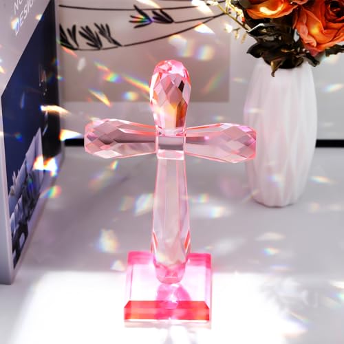 Image of YWHL Handmade Pink Crystal Standing Cross Decor, Religious Cross Gifts