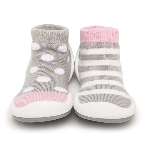 Komuello Girl Baby Toddler Pull Up First Walker Non Slip Soft Cotton Premium Sock Shoes Dots & Stripes Pink, Size 6 (125Mm, 12-18 Months) #TOP1