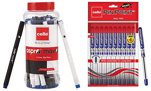 Image of Cello Aspro Mavro Ball Pen (25 Pens Jar - Blue) Pinpoint Ballpoint Pens - Blue (Pack of 10)