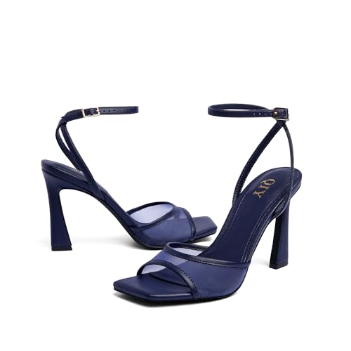 Image of QIY Strappy Heels for Women Heeled Sandals Square Toe Heel Ankle Strap Stiletto Mesh High Heels Dress Shoes