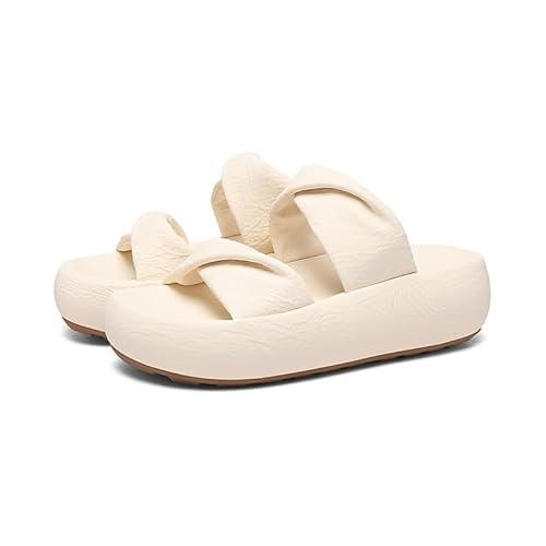 [KAJYLFAST] Genuine Leather Thick-soled Flip Flops Women Outdoor Casual Beach Sandals(Beige,37)