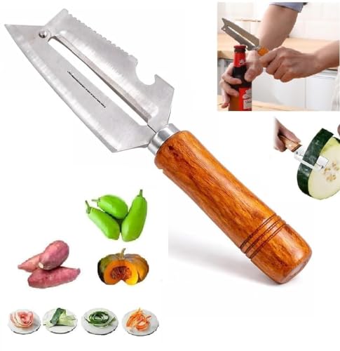 Image of Stainless Steel Vegetable Peeler with Wooden Handle - Sharp Fruit & Vegetable Peeler with Bottle Opener
