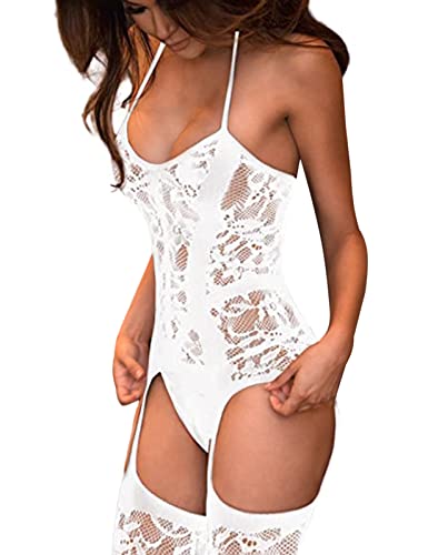 Xnova Conjuntos de Lencería para Mujer de Jacquard Encaje Halter Conjunto de Ropa Una Pieza Bodysuit Lingerie Interior con Medias de Tul sin Tanga(Blanco,Talla única)
