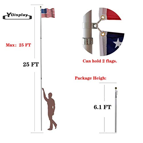 Ydisplay 25Ft Flag Pole Kit For Outside Inground Heavy Duty Telescoping Flagpole 16 Gauge Aluminum With 3X5 American Flag, Golden Top Ball And Clips For Yard Patio Garden- Can Fly 2 Flags #TOP1