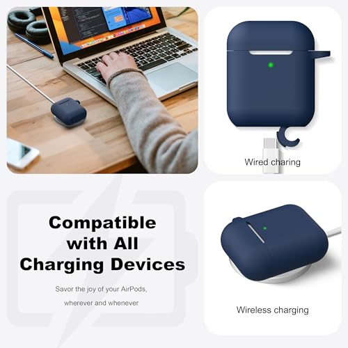 Image of AirPods Case Cover with Keychain, Full Protective Silicone AirPods Accessories Skin Cover for Women Girl with Apple AirPods Wireless Charging Case,Front LED Visible-Midnight Blue