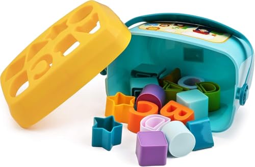 Image of PLUSPOINT Shape Sorting Blocks with Basket Babys First Educational Activity Toys 8 Shapes 2 Each Sorting Cubes for Kids Development with Storage Bucket Counting Learning Toys for Toddlers