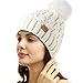 PAGE ONE Womens Winter Ribbed Beanie Crossed Cap Chunky Cable Knit Pompom Soft Warm Hat White