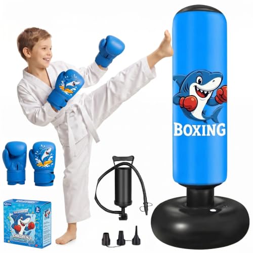 Qoosea Saco de Boxeo Niños 3-8 Años, 130cm Saco de Boxeo de Pie con Bomba de Aire y Guantes de Boxeo, Bolsa de Boxeo Inflable Estable para Karate, Kickboxing, MMA, Regalo Ideal para Niños y Niñas
