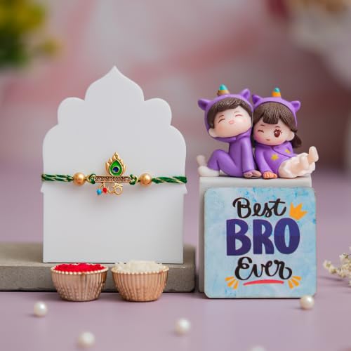 Image of ecraftindia Rakhi for Brother with Peacock Feather Om Designer Rakhi | Best Bro Ever Cute Couple Showpiece & Fridge Magnet Combo | Premium Raksha Bandhan Gift for Bhai | Traditional Green Thread Rakhi