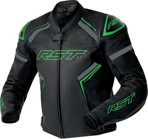 Image of RST S1 D3O Leather Motorcycle Jacket Reinforced Construction CE Certified Armor Road/Adventure Use Black/Grey/Fluorescent Green, Medium