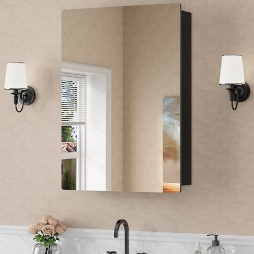 14x24 Wall Mounted Medicine Cabinet with Mirror 13.1 x 21.1 Recessed Bathroom Cabinets for Storage Adjustable Tempered Glass Shelves Soft-close DTC Hinges HD Reflection Pre-assembled Black