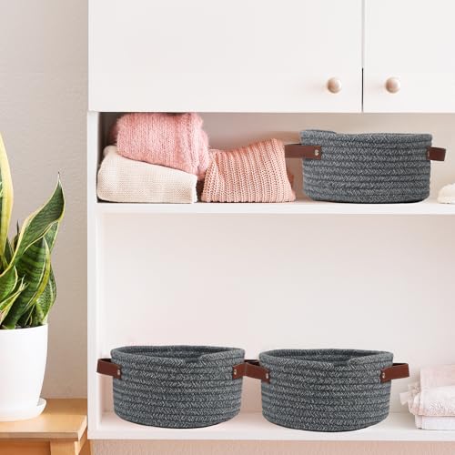 Image of Small Woven Basket, Cute Mini Cotton Rope Storage Basket with leather handle, Tiny Decorative Round Storage Bin, Boho Empty Gift Baskets for Organizing, Toy Organizer for Nursery (Grey)